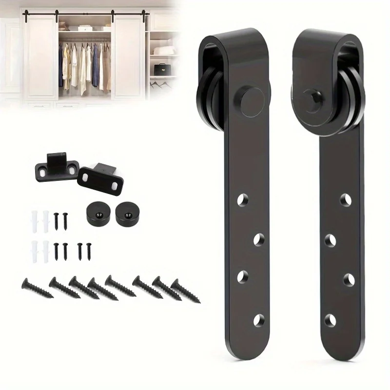 ערכת חומרה לדלת מחסן מחסן, מערכת מסילות מתכת סאטן עם תומכי התקנה ומגלגלים לדלתות, ללא מסילה ארוכה כלולה