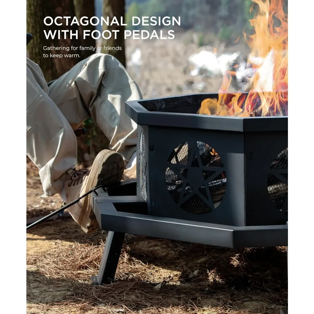 35 inch Fire Pit, Outdoor Fire Pit Wood Burning Pits with Cooking Grill, Large Firepits for Outside Octagonal Heavy Duty