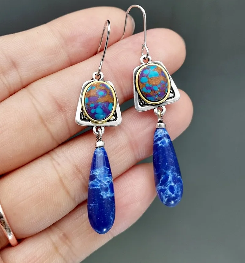 Dangle Earrings Drop Earrings Pendant Earrings Long Earrings Dome Teardrop Earrings Bohemian Style Lapis Lazuli stone Dangle Hook Earrings Wedding Engagement Earrings for Women