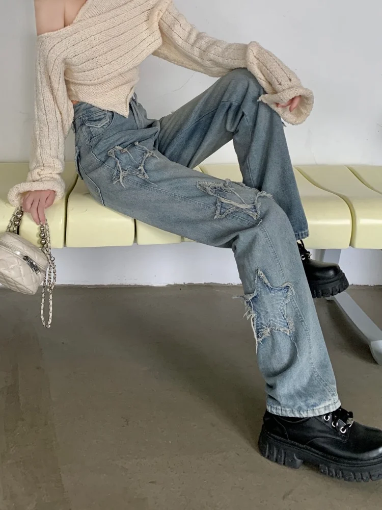 ADAgirl Y2k Women Boyfriend Wide Jeans Harajuku Star Patchwork Oversize Pants Hippie Outfits 2023 Korean Style Clothes Mujer New