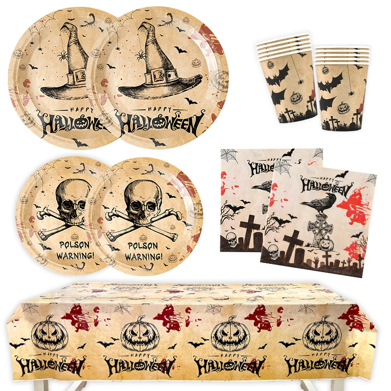 Halloween Disposable Party Tableware Set Skull Bat Witch Hat Paper Plate Cup Napkins Tablecloth For Halloween Party Decor Supply