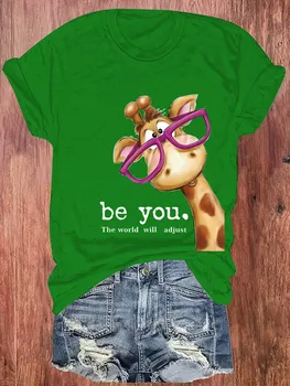 Be You The World Will Adjust Women's Tee - Cute Giraffe With Glasses Graphic, Casual Green Top 1
