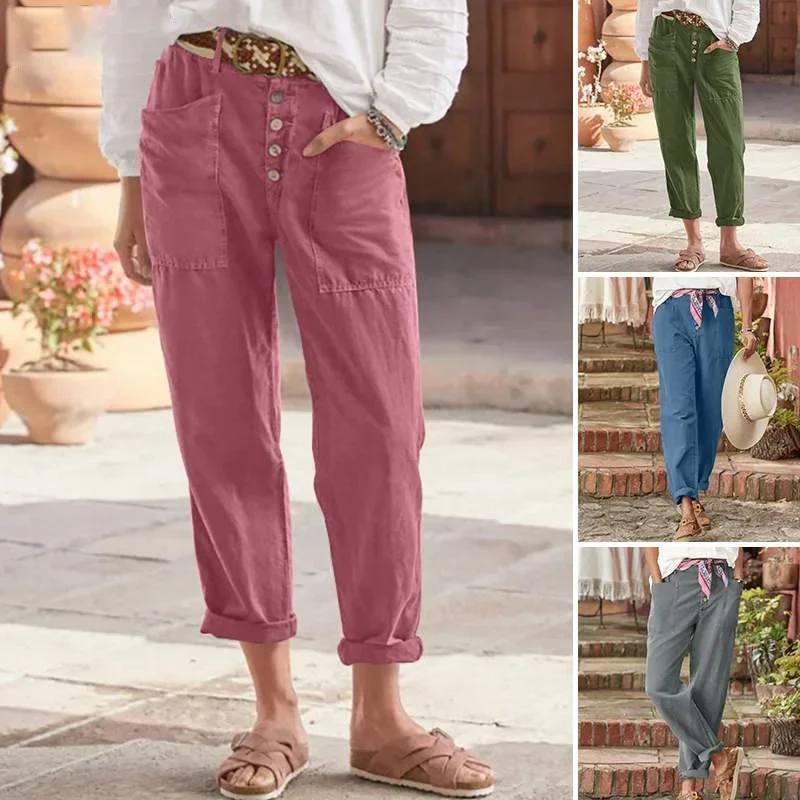 

Autumn and Winter New Fashion Women's Casual Pants Solid Colour Buttoned Cotton and Linen Loose Pockets Casual Trousers Commute