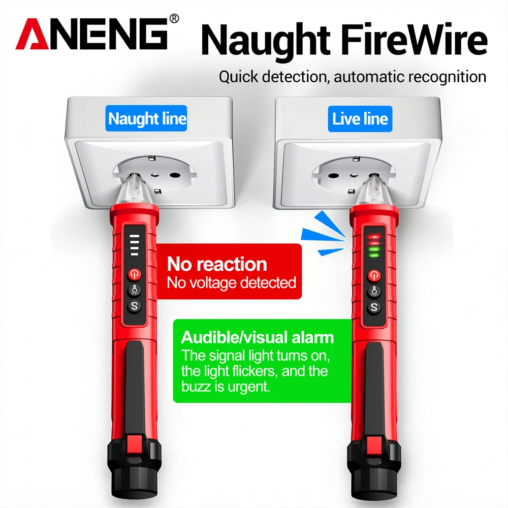 비접촉식 전압 테스터 12V-1000V AC NCV 감지 활선 테스트 음향 시각 알람 손전등 전기 기술자용 ANENG VD802
