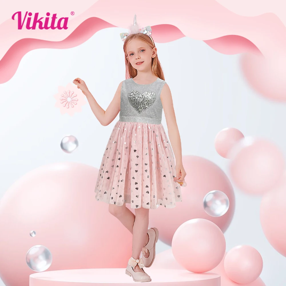 

VIKITA Kids Girls Sleeveless Sequined Floral Shiny Princess Casual Tulle Dress for Birthday Party Summer Prom Clothes 3-8 Years