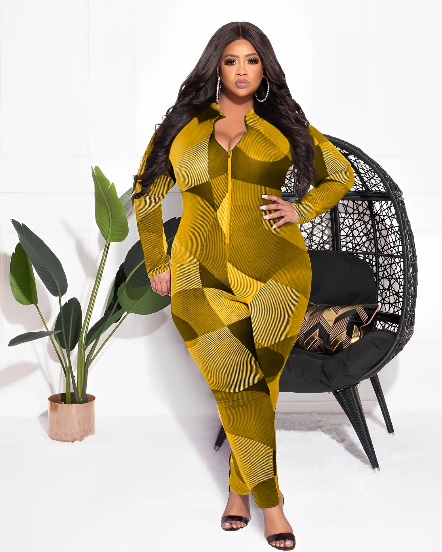Plus Size Elegant Jumpsuit For Women Patchwork Print One Piece Outfit 2022 Fall Female V Neck Jumpsuit Lady Winter Designer Pant