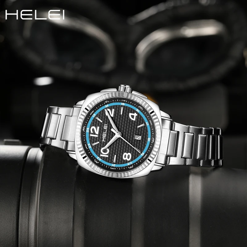 HELEI hot sale new men's watches men's large digital dial fashion quartz watch waterproof stainless steel strap gift for men