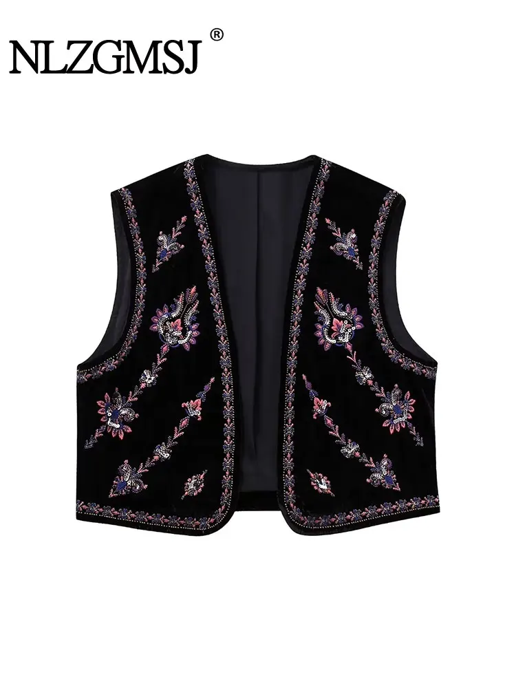 

Nlzgmsj TRAF 2023 Autumn Women National Style Vests Casual WaistCoat Tops Streets Vintage Floral Embroidery Short Vest