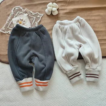 K3011 Children's Autumn Winter Fleece Lined Thickened Pants Korean New Style Unisex Baby Casual Fashion Long Trousers 1