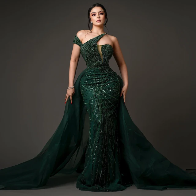 Luxury Emerald Green Evening Dress with Overskirt Elegant One Shoulder Women Wedding Party Prom Formal Gowns 128 1