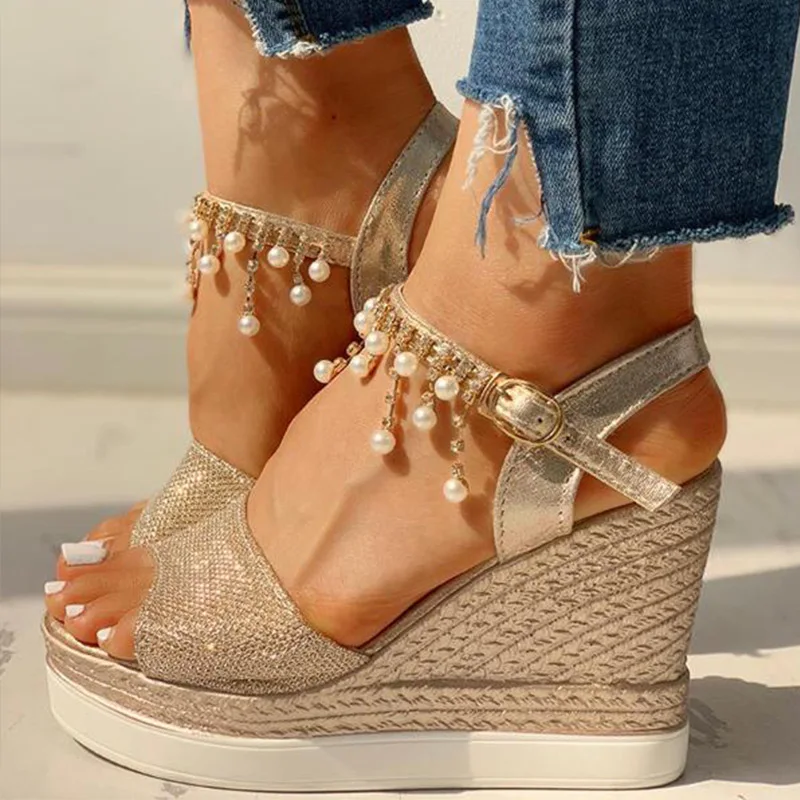 Women Wedge Sandals Summer Bead Studded Platform Sandals Buckle Strap Peep Toe Thick Bottom Casual Shoes