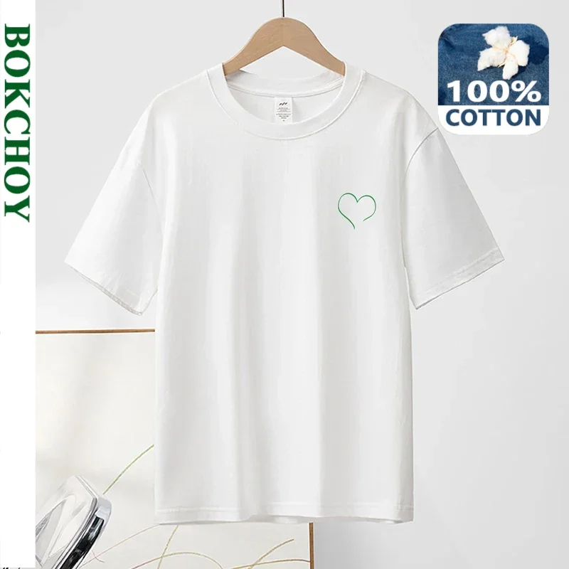 

2024 Summer New 230G Pure Cotton Men T-shirts Simple Printing Short Sleeve Casual Solid Color Heart Pattern Thin Top BOK0108