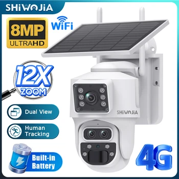 SHIWOJIA Three Lens Solar Camera 4G SIM 8MP 12X ZOOM WIFI Security Solar Powered Camera PIR Monitor CCTV Video Night Vision PTZ 1