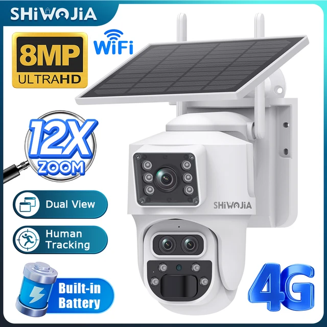 SHIWOJIA Three Lens Solar Camera 4G SIM 8MP 12X ZOOM WIFI Security Solar Powered Camera PIR Monitor CCTV Video Night Vision PTZ 1