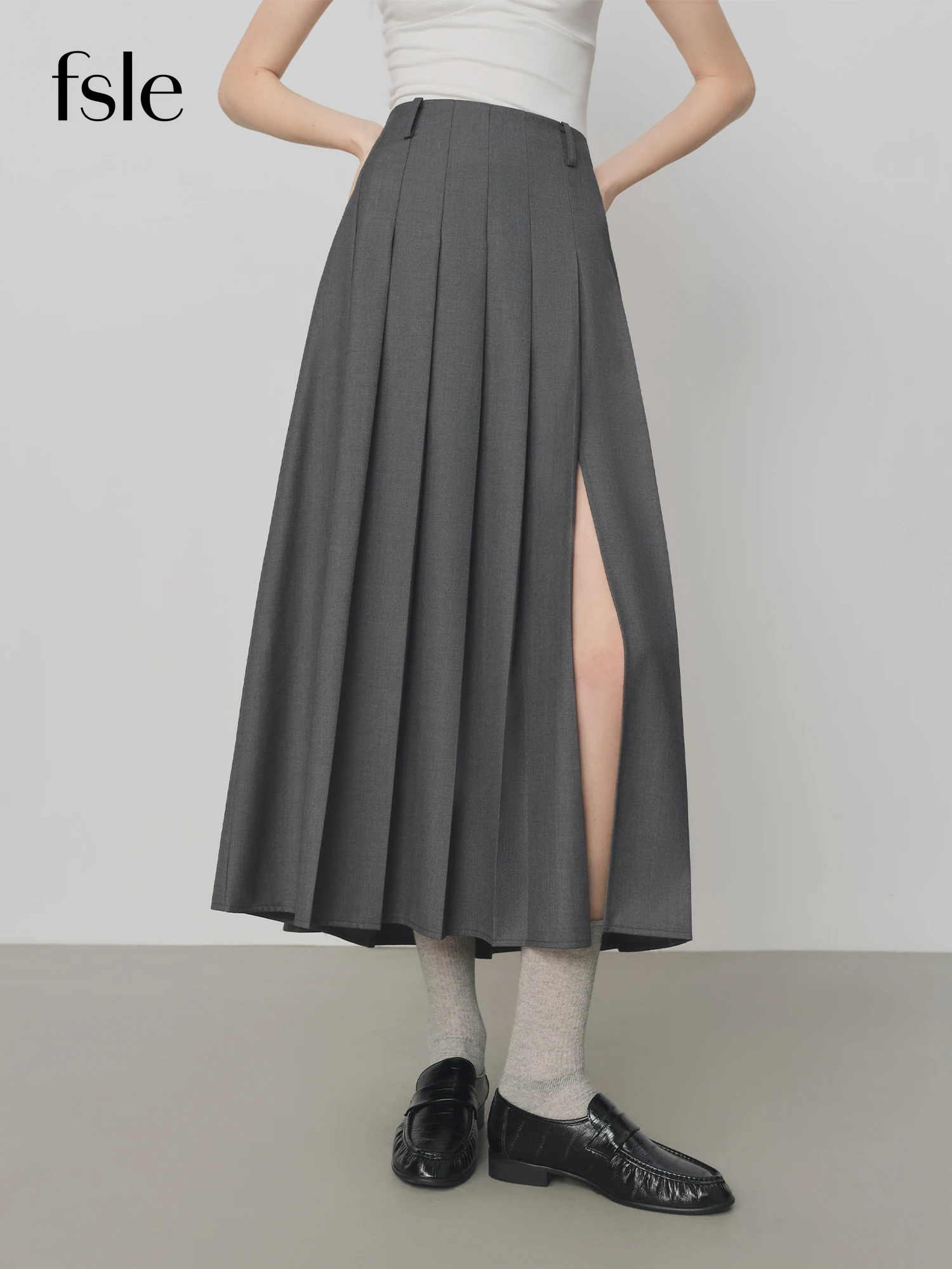FSLE College Style Gray Retro Pleated Skirt For Women Autumn FSLE College Style Gray Retro Pleated Skirt For Women Autumn