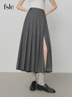 FSLE College Style Gray Retro Pleated Skirt For Women Autumn 2025 New Arrival Commuter Officelady Chic Long Skirt 25FS13198