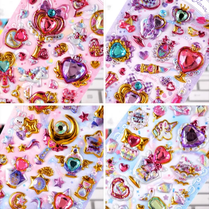 Kawaii Cute Girl Relief Diamond Heart Crystal 3D Stickers 1pcs Random Color DIY Hand Account Paster for Girl Sticker Phone Case 3d stickers
