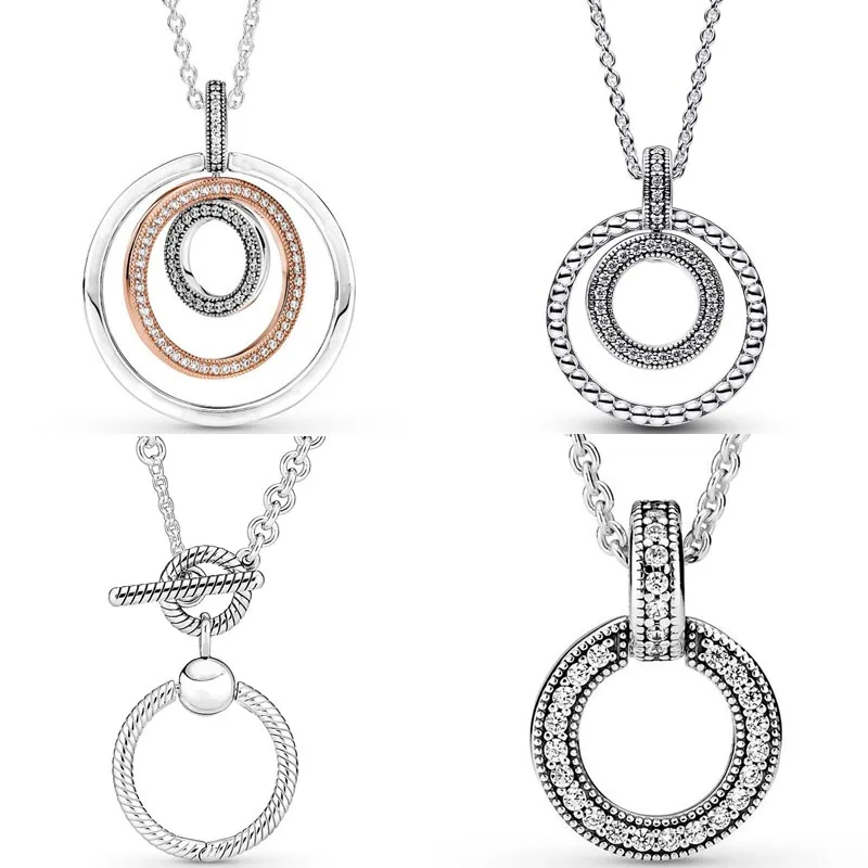 

Original Two-tone Circles Signature Pave & Beads O T-bar Pendant & Necklace For Fashion 925 Sterling Silver Bead Charm