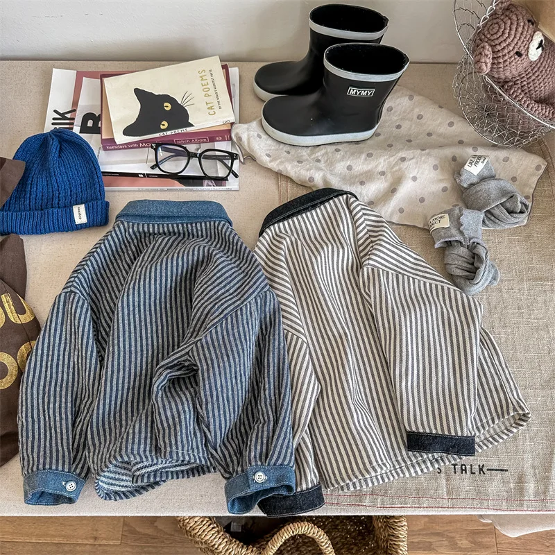 deer jonmi Autumn Baby Boys Striped Denim Shirts Long Sleeve Korean Style Children Casual Tops Coats
