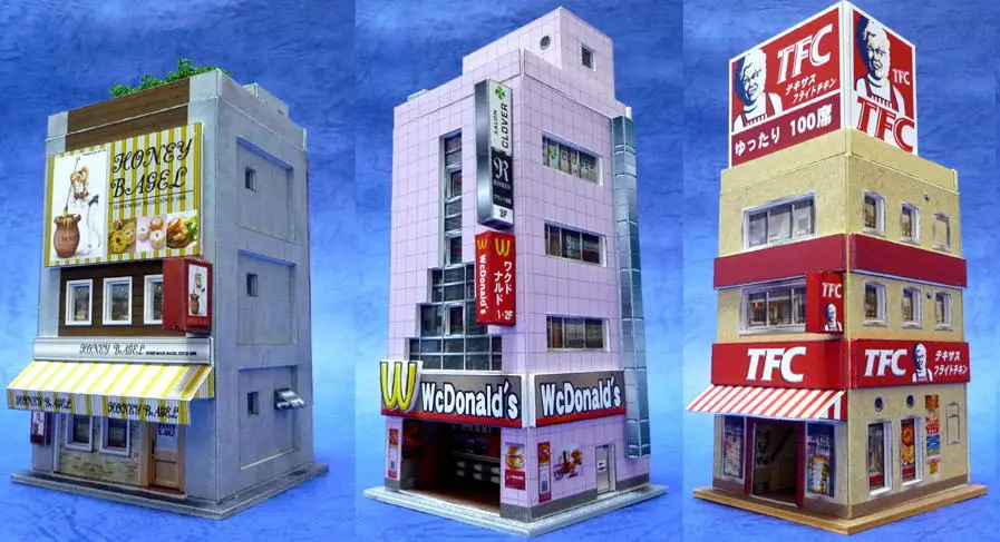 1:150 N-Scale Japanese Building Diorama 3D Paper Model Scene DIY Handmade Ornaments 3 restaurant buildings