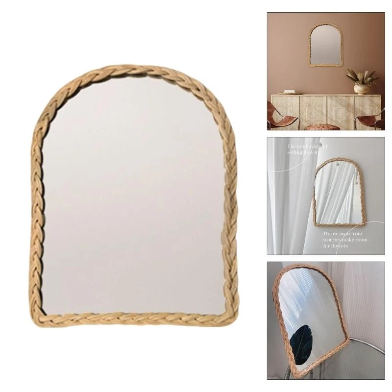 E28F Woven Faux Rattan Wall Mirror Handmade Arched Hanging Mirror with Wood Frame for Farmhouses Living Room Bedroom Hallway