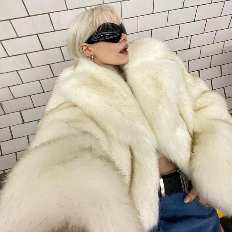 Neo Mint Luxury Brand Runway Fashion Yellow Gradient Cropped Fluffy Fur Jacket Coat Women Winter Thicken Faux Fox Fur Outerwear 2