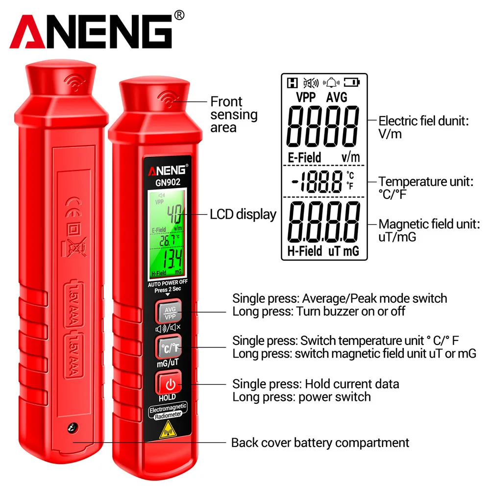 ANENG GN902 Electromagnetic Radiation Detector Temperature Tester Meter Magnetic Radiation Analyzer LCD Backlight Screen radiation detector emf meter tester