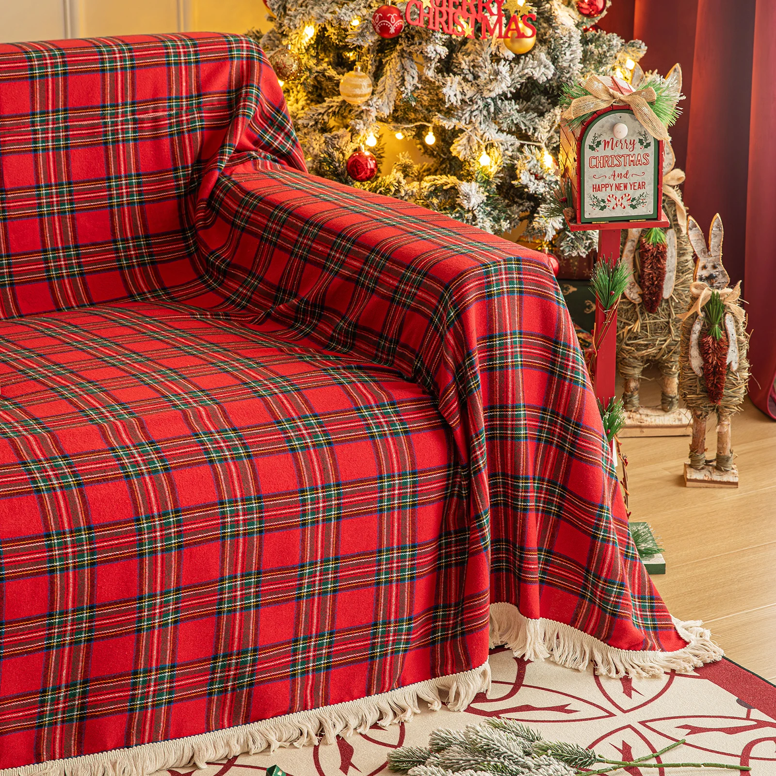 Christmas Plaid Couch Cover with Tassel Washable Sofa Covers Couch Furniture Protector Seat Slipcover Sofa Towel for Living Room 4