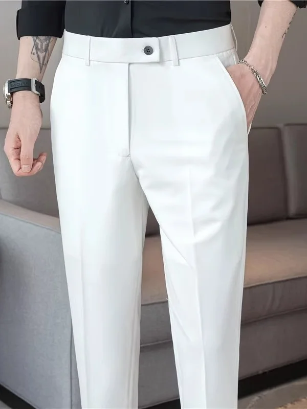 Summer Thin Men's White Casual Suit Pants Nine-Piece Button Busin Trendy Straight Leg Youth Workwear Pure Color Trousers