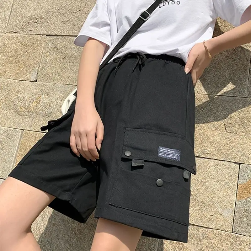 2023 summer Women's simplicity Korean version loose fashion trend Solid Color All-match High Waist wide leg casual cargo shorts