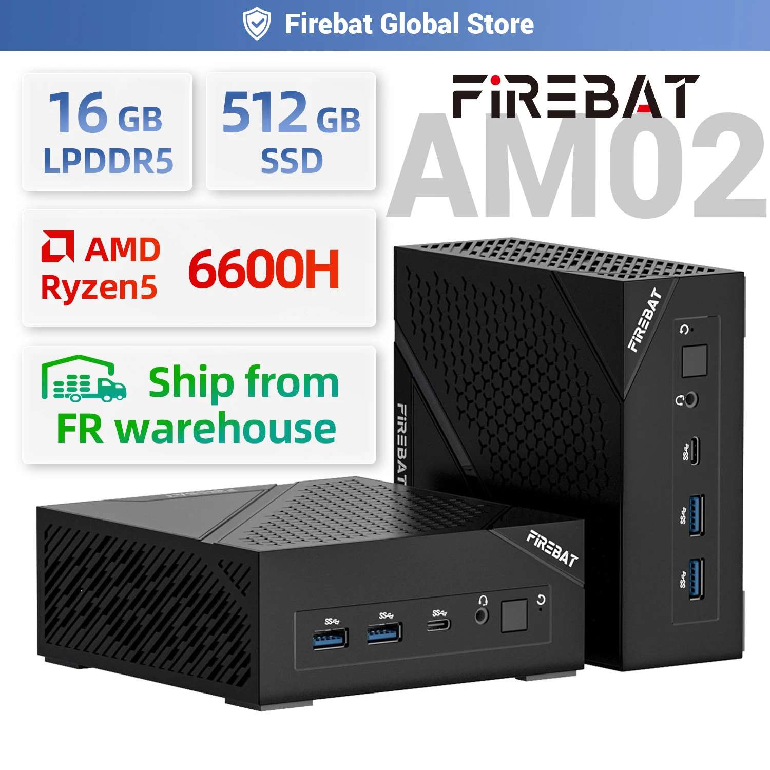 FIREBAT AM02 MINI PC AMD Ryzen 5 6600H LPDDR5 16 Go de RAM 512 Go SSD WIFI6 BT5.2 Ordinateur de bureau portable MINI-PC