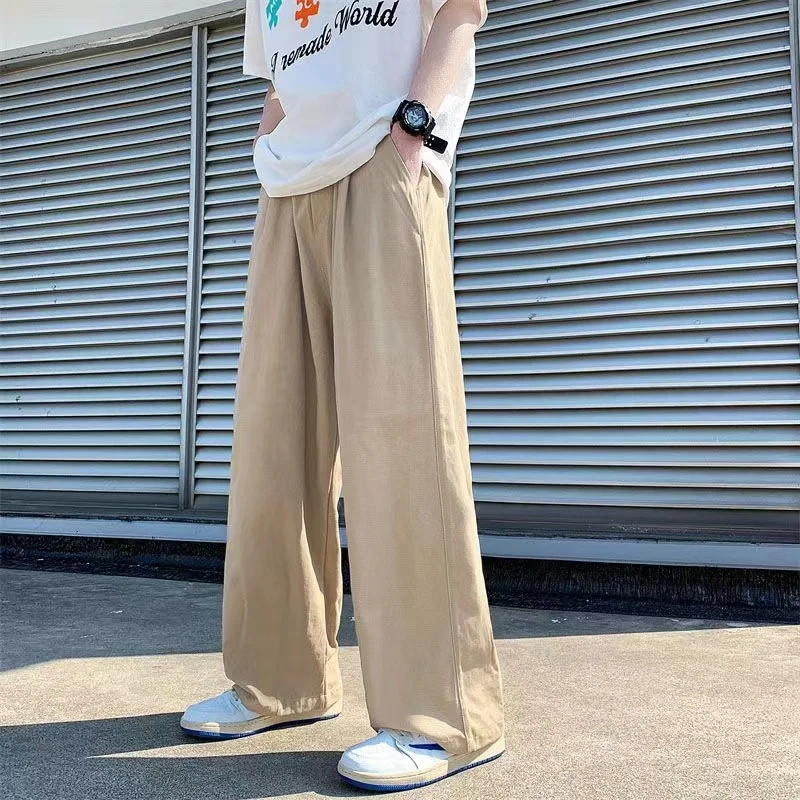 Men Wide Leg Pants Spring Cotton Solid Color Casual Korean Loose Straight Trousers S-5XL