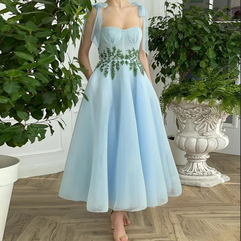 

Evening Dress Square Collar Sweep Train Mono Pastrol Ankle-Length A-LINE Chiffion Appliques Draped Pockets Tulle Prom New