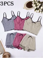 3-Piece Stretch Sleepwear Set for Women - Sexy Lace Trim Halter Top and Shorts with Cotton-like Fleece Waffle Texture for Cross- - Image 2