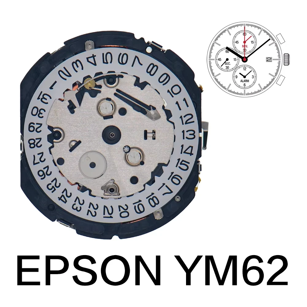 EPSON YM62A 12'''' 아날로그 쿼츠 무브먼트, 6.9.12 센터 초침, 작은 바늘, 크로노그래프 알람 및 날짜 표시, 3시 방향 위치