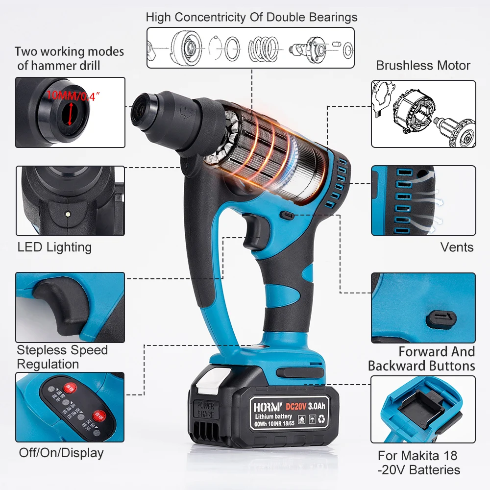 Brushless Cordless Electric Drill Rotary Hammer 4 Modes Drill Demolition Hammer Rechargeable Power Tool for Makita 18V Battery 2