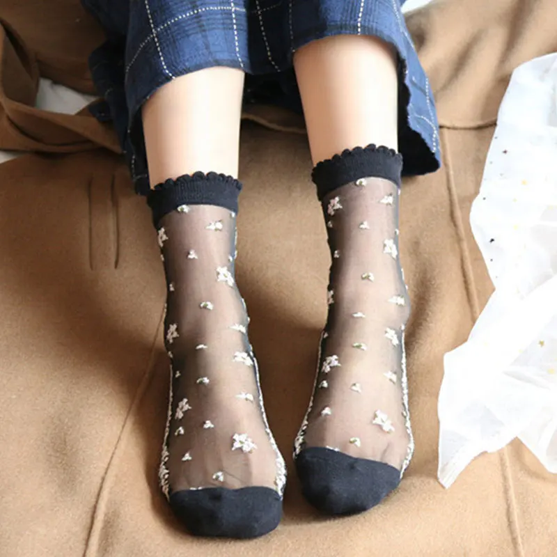 Womens Socks 1 Pair Summer Breathable Ultra Thin Transparent Lace Silk Crystal Rose Flower Girls Elastic Short Socks