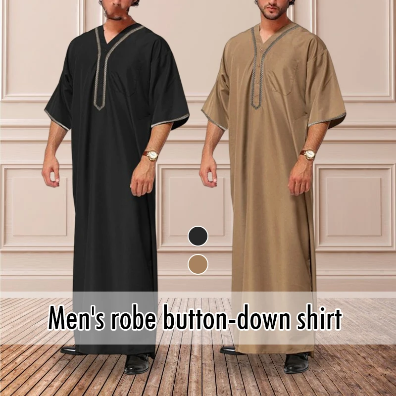 

Men Muslim Robes Islamic Abayadubai Long Gown Thobe Middle Sleeve Ethnic Clothes Male Shirt Islamic Mens Clothing Plus Size 5Xl