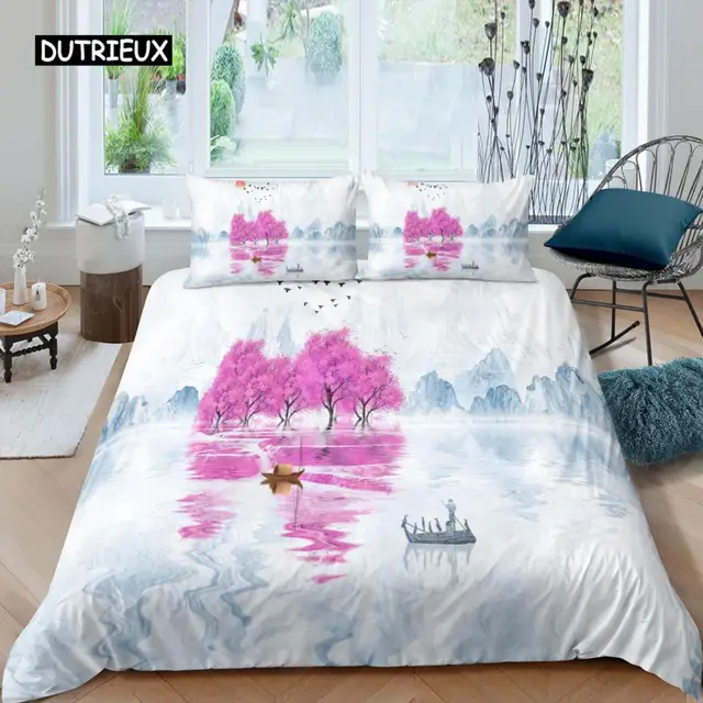 Natural Landscape King Queen Duvet Cover Comic Ink Painting Style Bedding Set Adults Tree Mountain River Polyester Quilt Cover