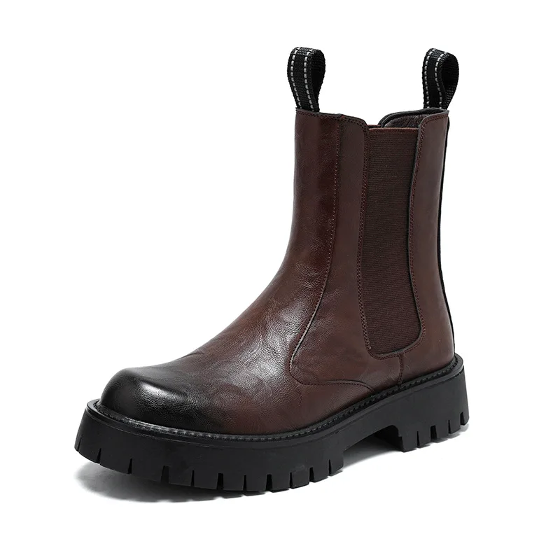 thumbnail image 1 of Botas de hombre estilo Chelsea botines negros trabajo de invierno botines de cuero de caña alta más botas de lana para motocicletas C1175, 1 of 5