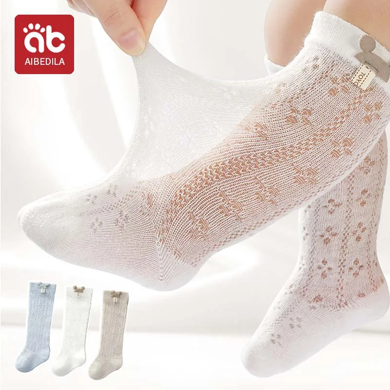 

AIBEDILA Summer Baby Socks Hollow Girls Leg Warmer Knee Kids Sokken High Long Infant Cotton Mosquito Resistant Hosiery