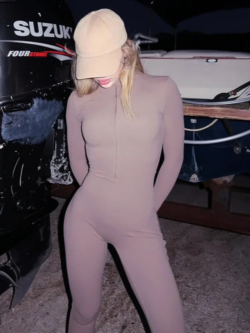 Fashion Casual Women Bodysuits Streetwear Y2K 2025 Autumn Long Sleeve Zip-up Yoga Fitness Sports Jumpsuits Skinny Black Overalls 4