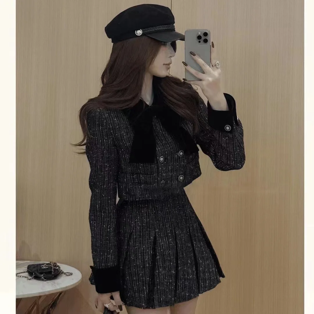 Women's Spring Fashion Tweed Skirt Suit Lacing Bow Collar Women's Spring Fashion Tweed Skirt Suit Lacing Bow Collar