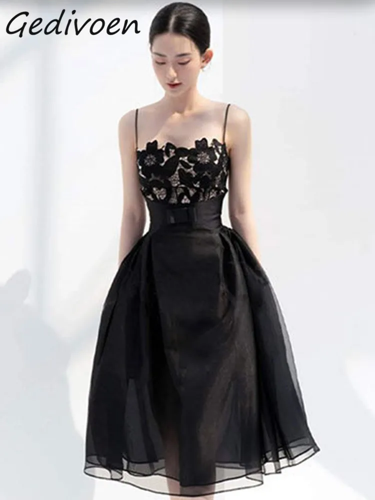 

Gedivoen Autumn Fashion Designer Black Elegant Sling Dress Women's Slash Neck Sleeveless Lace Spliced High Waist Slim Long Dress