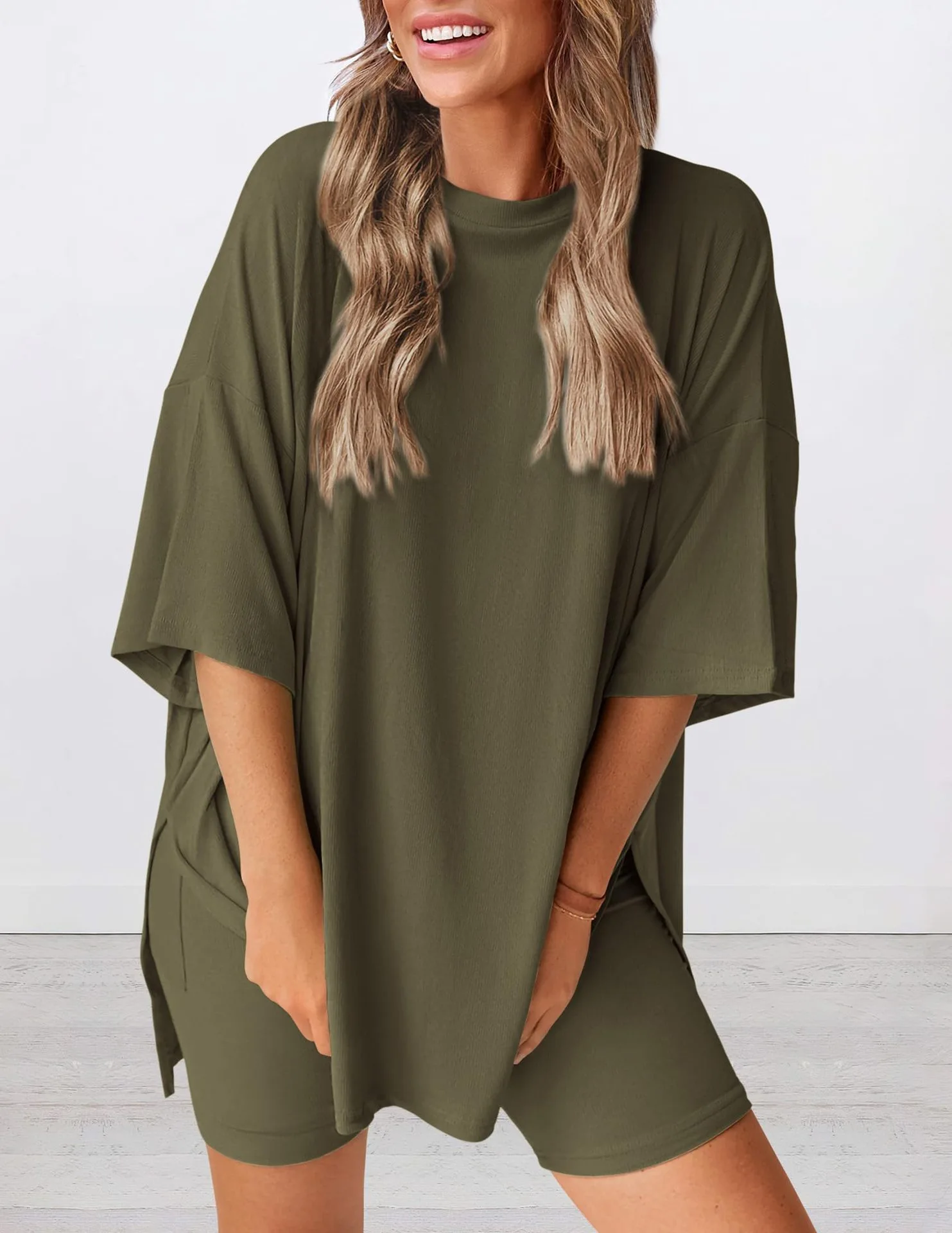 2026 Damen Oversize Zweiteiler Sommer Lässiges Lockeres T-Shirt und Biker-Shorts Set Loungewear – Detail 20