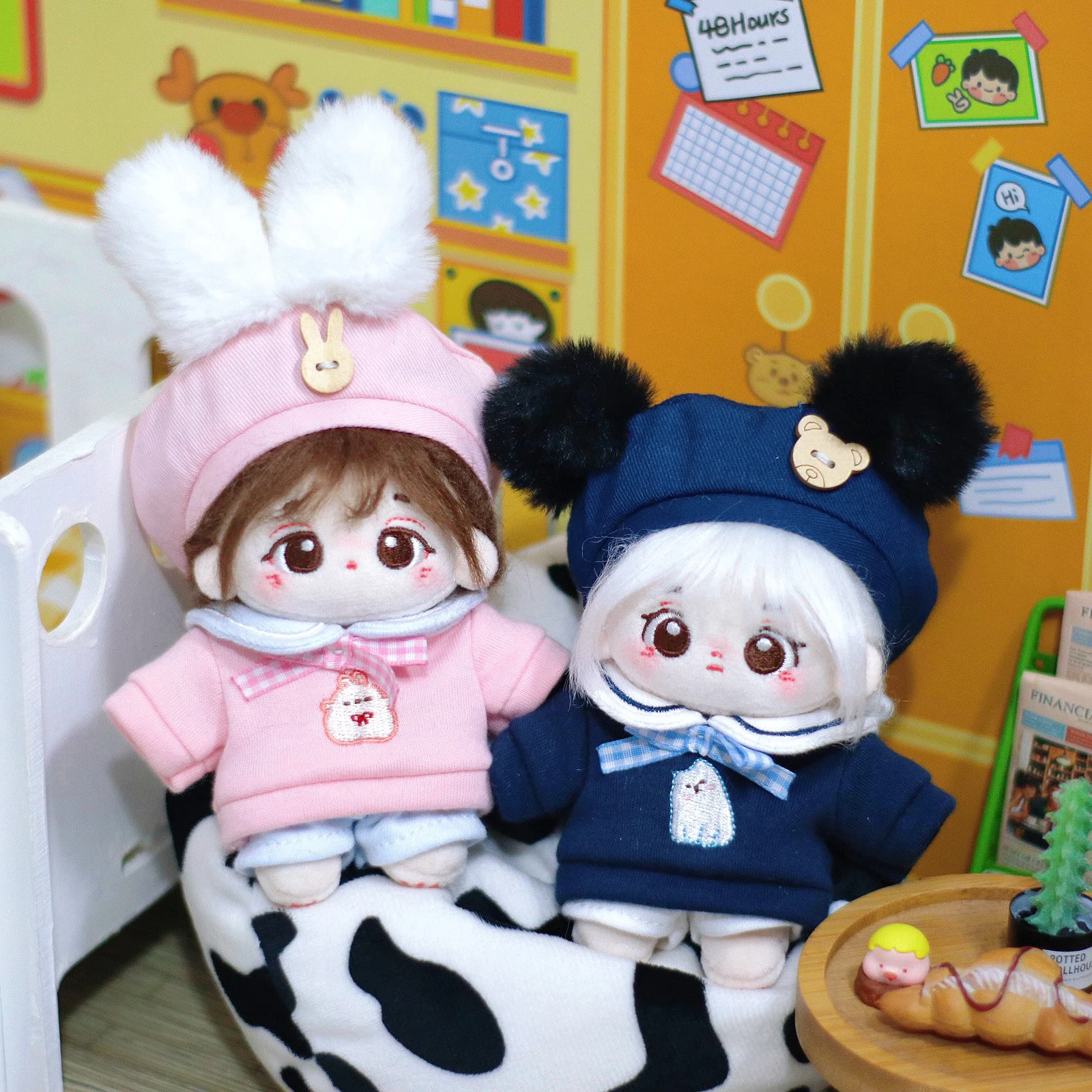 귀여운 프레피 스타일 세일러 세트, 코튼 인형 후드 모자, 세트 원피스 의류 선물, 귀여운 소년 소녀, 10cm 