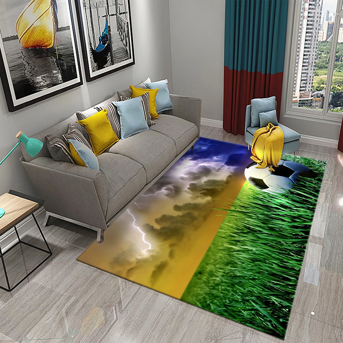 Tappeto Sportivo Campo Da Calcio – 60x90 Cm, Giallo, Morbido In Velluto Corallo, Antiscivolo, Per Camera Letto E Soggiorno