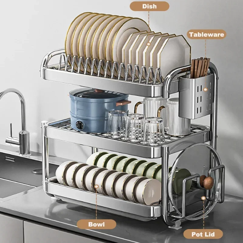 Stainless Steel Dish Drainer Kitchen Storage Organizer Bowl Rack with Drain Tableware Holder Cupboards 2
