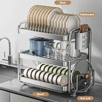 Stainless Steel Dish Drainer Kitchen Storage Organizer Bowl Rack with Drain Tableware Holder Cupboards 2
