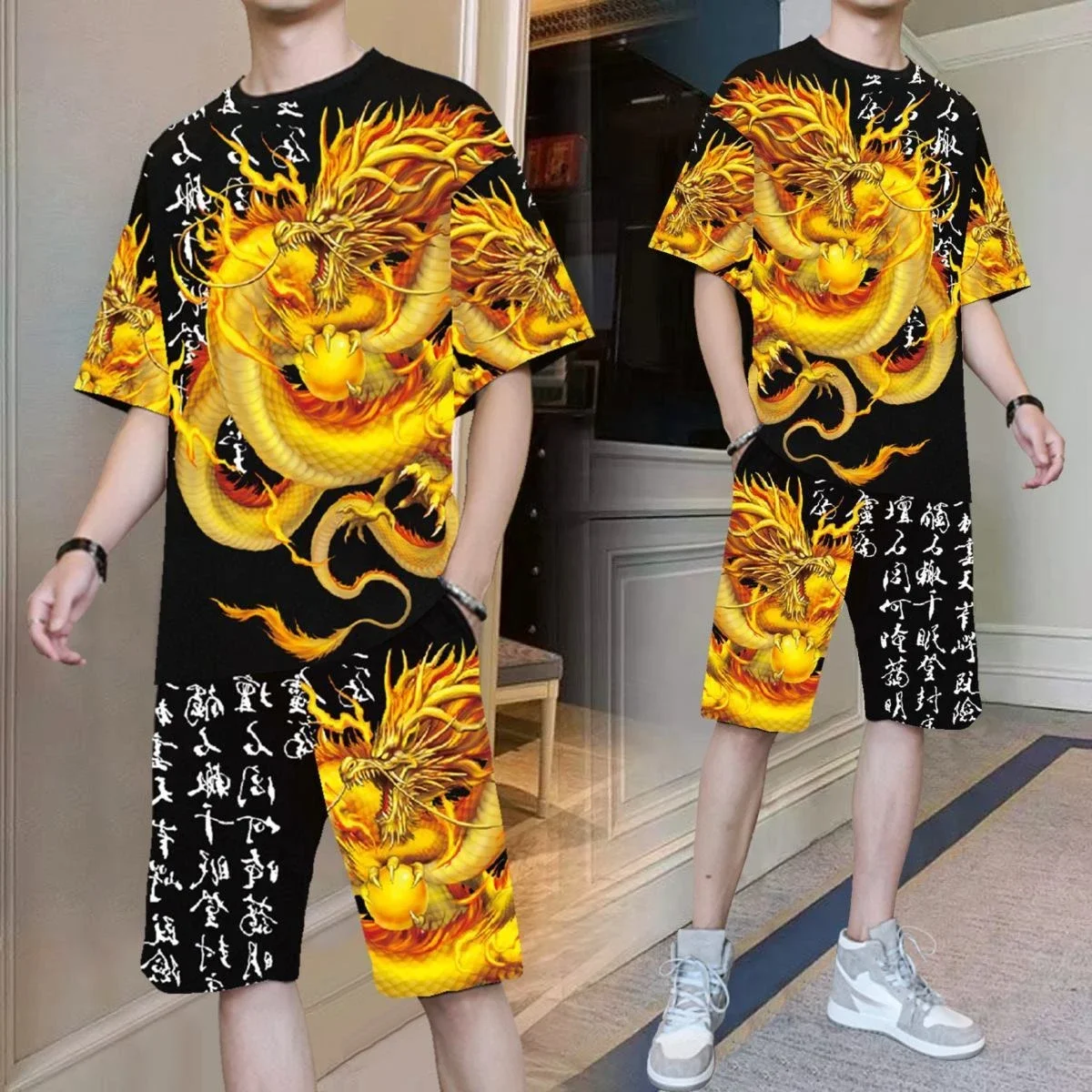 thumbnail image 1 of Conjunto de pantalones cortos para hombre, camiseta con estampado de alfabeto gráfico suave, conjuntos de pantalones cortos para hombre que ofrecen atuendos emo juveniles, elegantes, modernos, básicos, 1 of 5